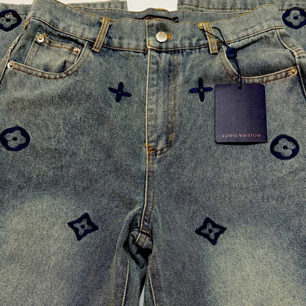 Louis Vuitton Gray and Blue Patterned Jeans